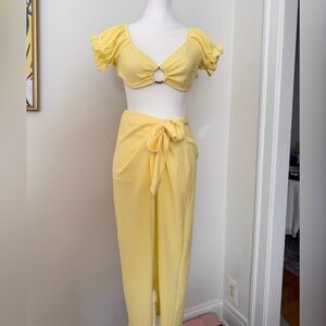 Yellow Beach Wrap Skirt with Matching Puff Sleeve Top